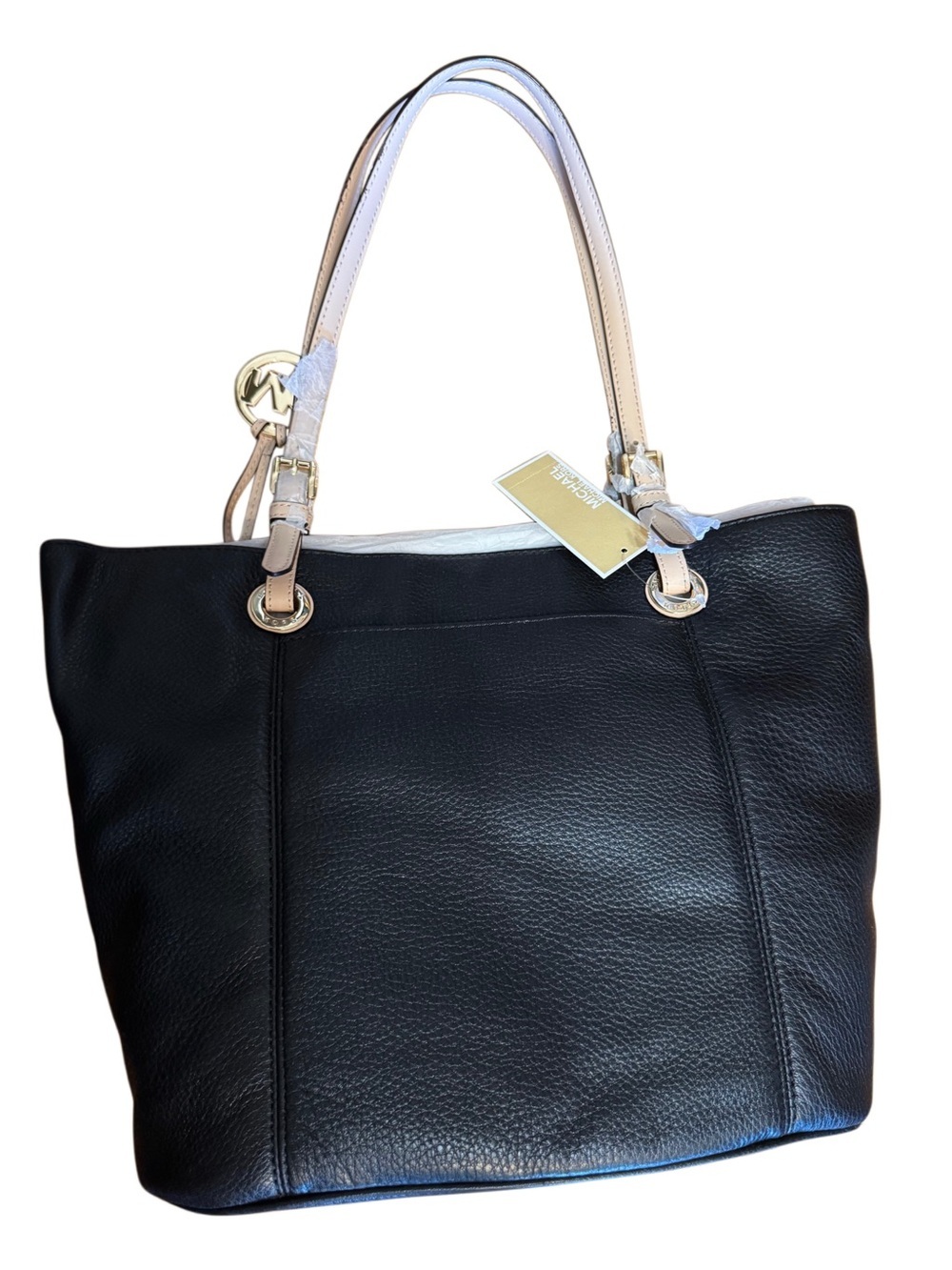 NWT$278 Michael Kors Black Pebbled Leather Tote Tan Straps Career Travel *FLAWED